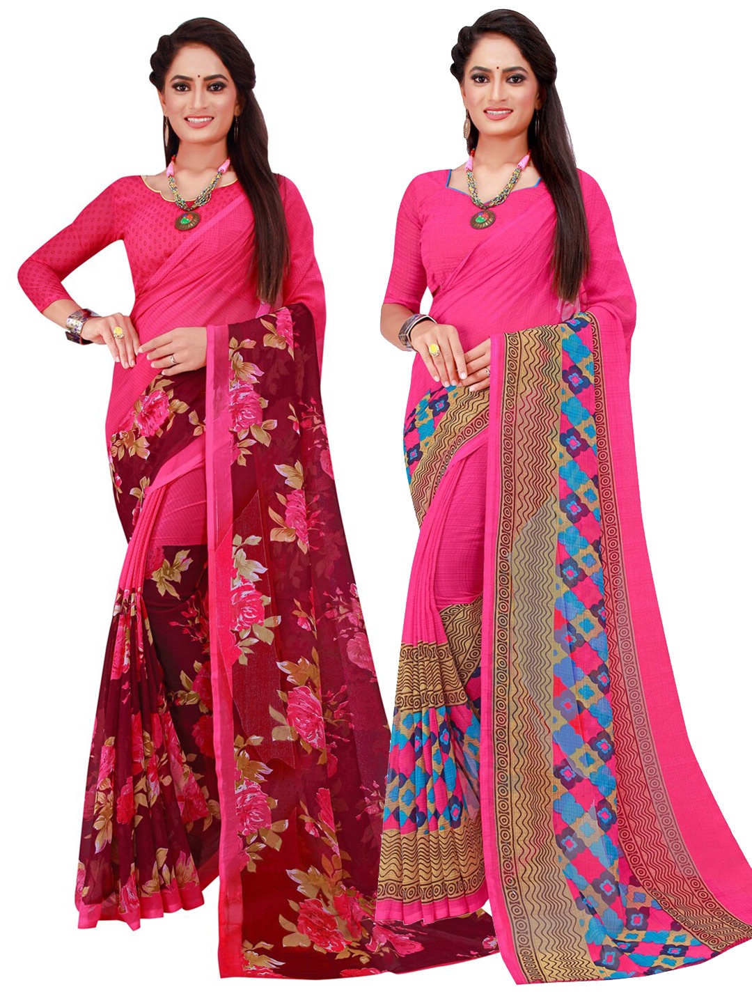 

SAADHVI Pack of 2 Magenta & Maroon Floral Printed Pure Georgette Saree