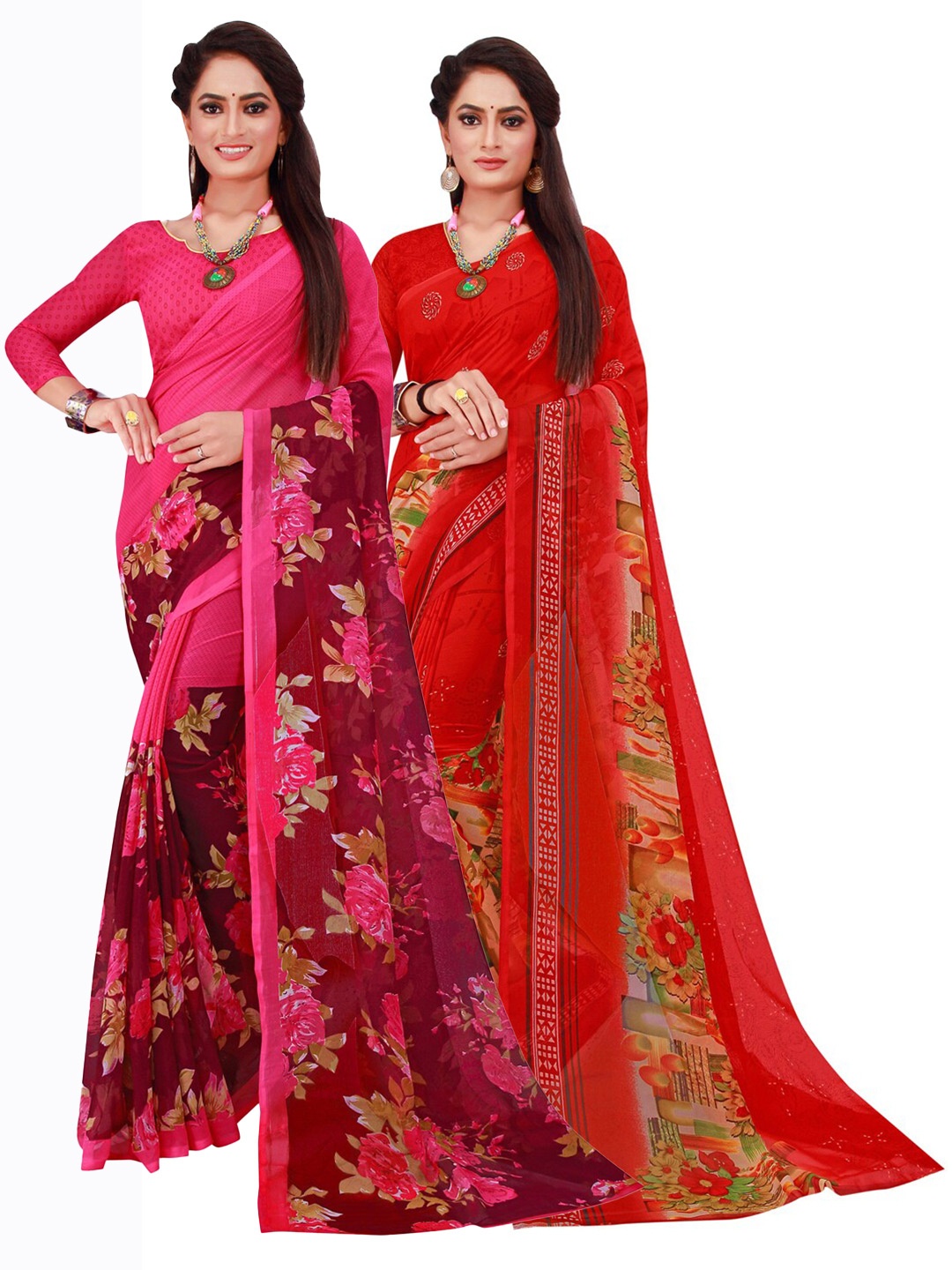 SAADHVI Pack of 2 Red & Magenta Floral Pure Georgette Sarees