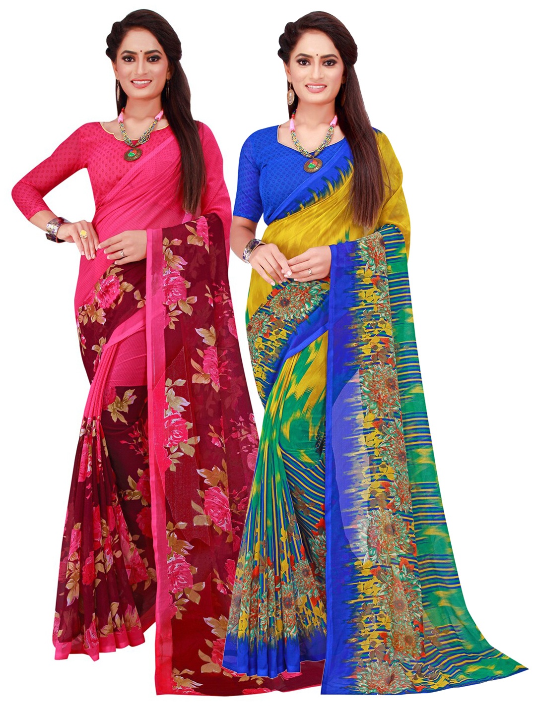 

SAADHVI Pack Of 2 Magenta & Yellow Pure Georgette Saree