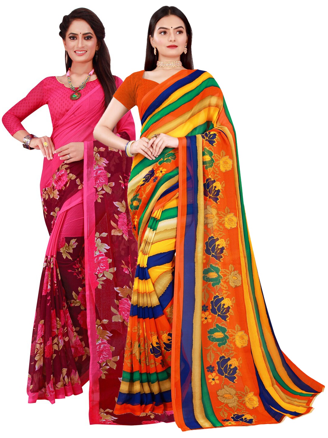 SAADHVI Pack of 2 Magenta & Yellow Floral Pure Georgette Sarees