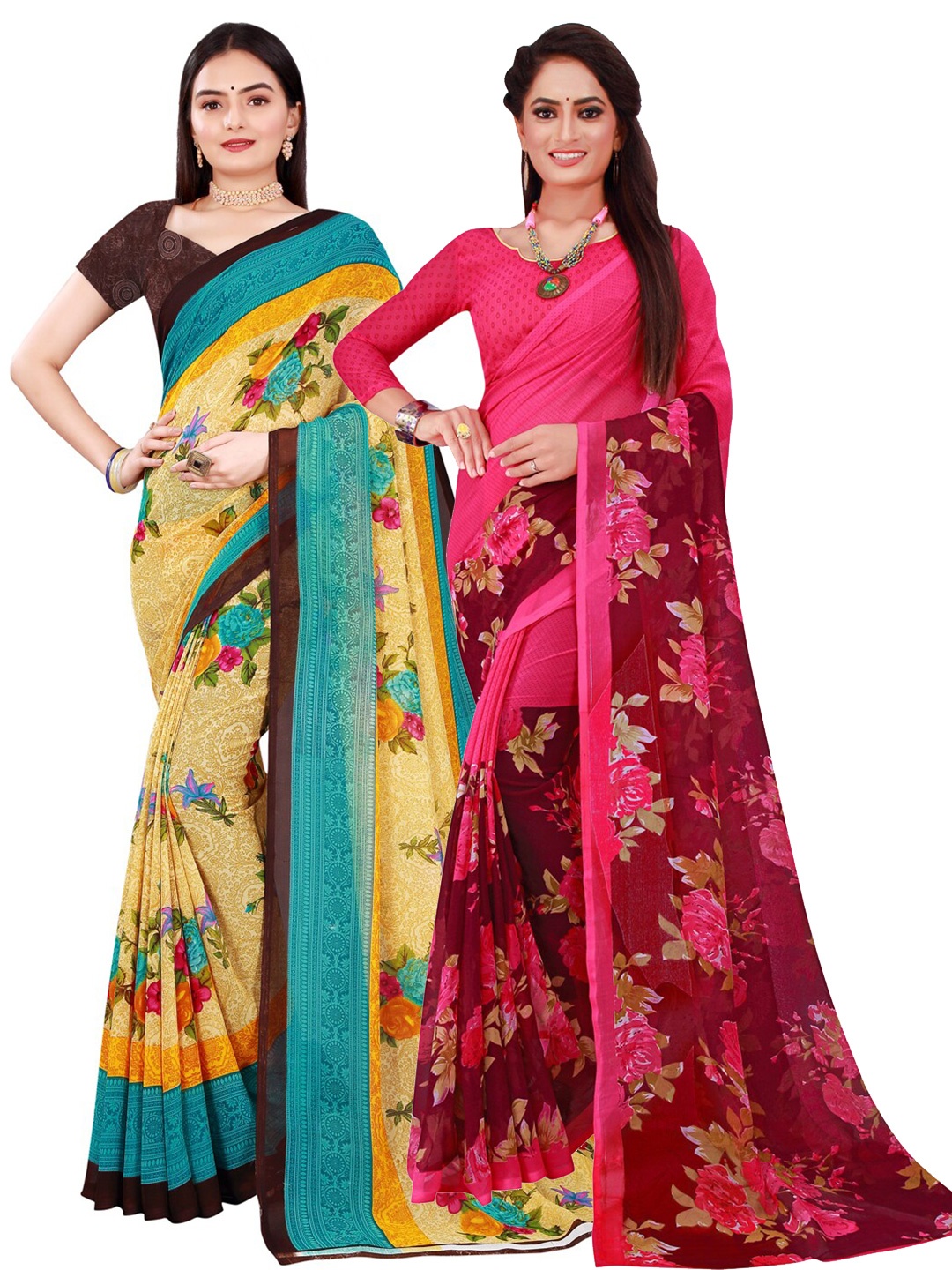 

SAADHVI Magenta & Green Floral Printed Pure Georgette Saree Pack Of 2