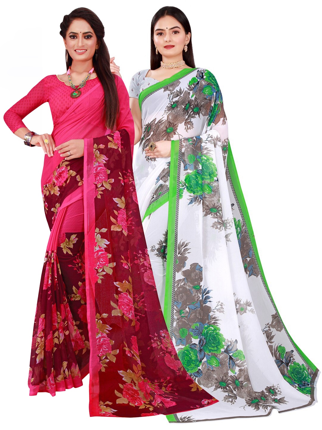 

SAADHVI Pack of 2 Magenta & Green Pure Georgette Sarees