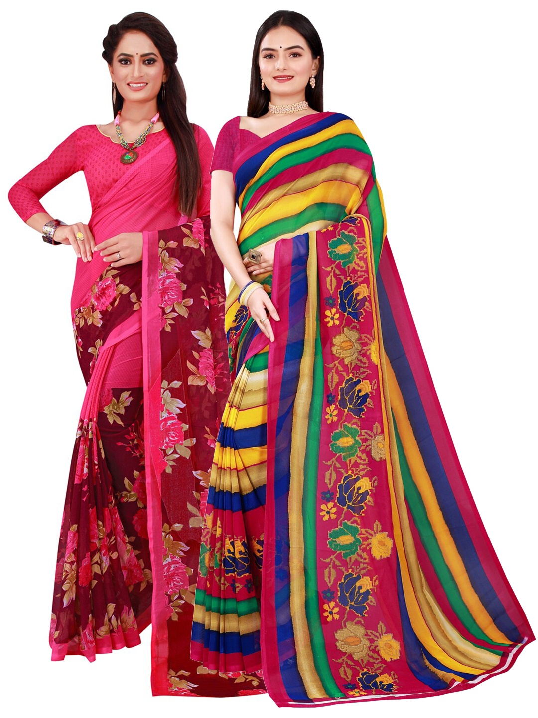 

SAADHVI Magenta & Yellow Printed Pure Georgette Saree Pack Of 2