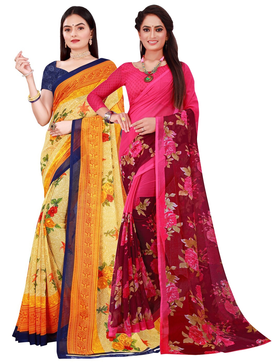 

SAADHVI Pack of 2 Beige & Pink Floral Printed Pure Georgette Saree
