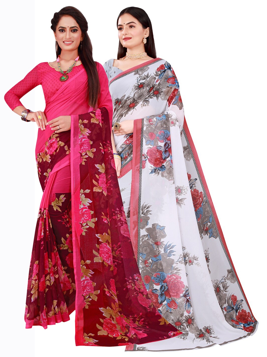 

SAADHVI Pack Of 2 Magenta & White Floral Pure Georgette Saree