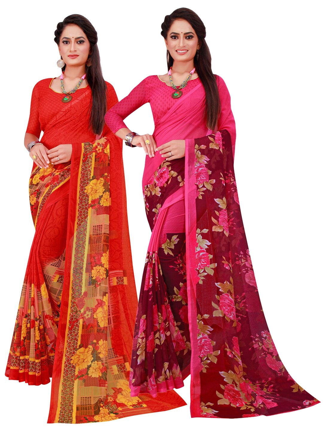 

SAADHVI Set Of 2 Magenta & Pink Floral Pure Georgette Saree