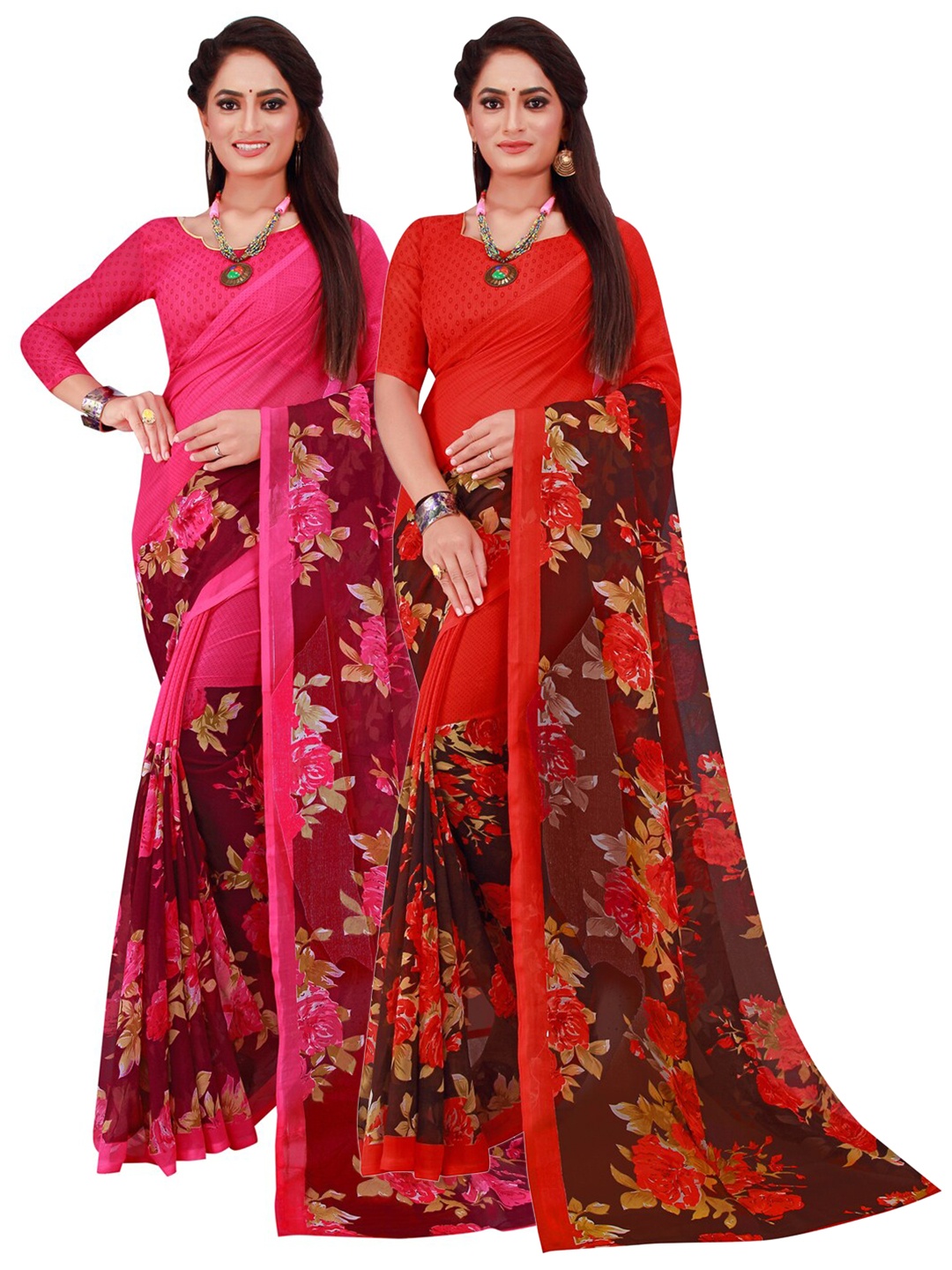

SAADHVI Pack of 2 Magenta & Red Floral Pure Georgette Sarees