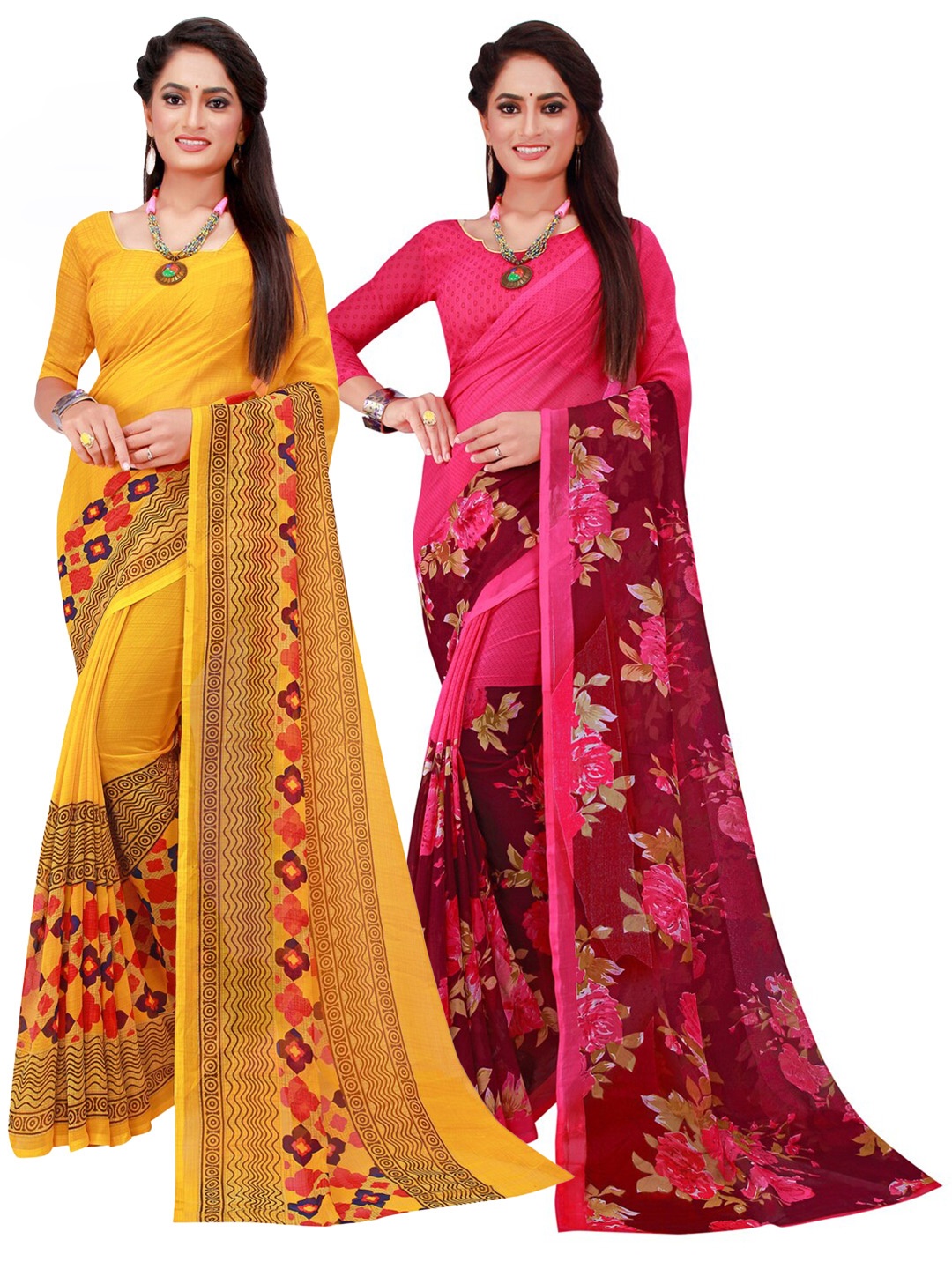 

SAADHVI Magenta & Yellow Set Of 2 Floral Pure Georgette Saree