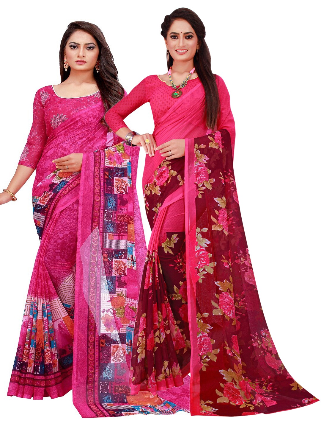 

SAADHVI Magenta & Maroon Floral Printed Pure Georgette Saree Pack Of 2