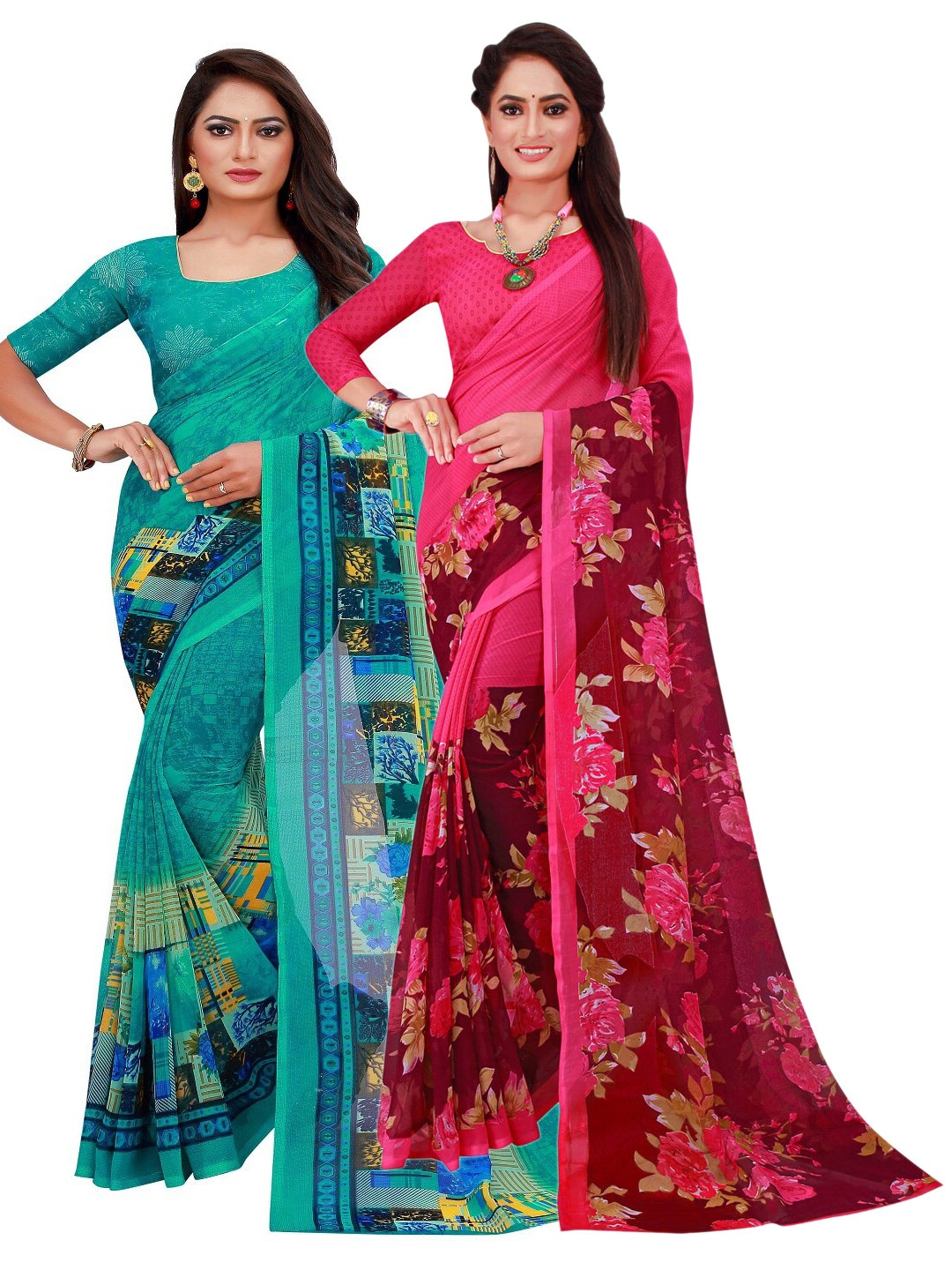 SAADHVI Pack of 2 Turquoise Blue & Magenta Floral Pure Georgette Sarees