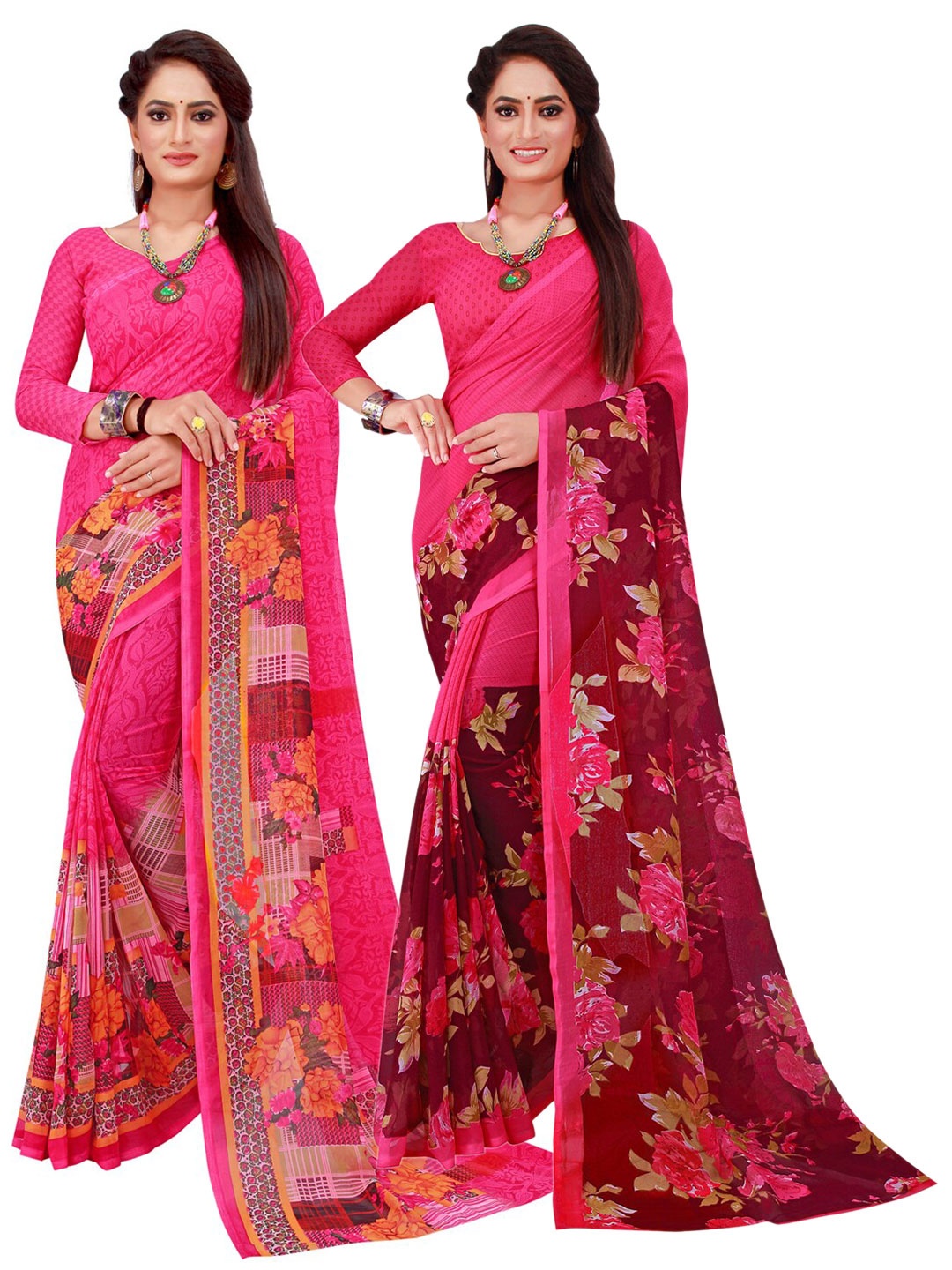 

SAADHVI Pack of 2 Magenta & Pink Floral Printed Pure Georgette Saree