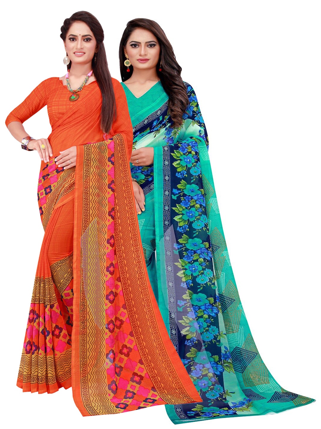 

Florence Set Of 2 Turquoise Blue & Orange Floral Pure Georgette Saree