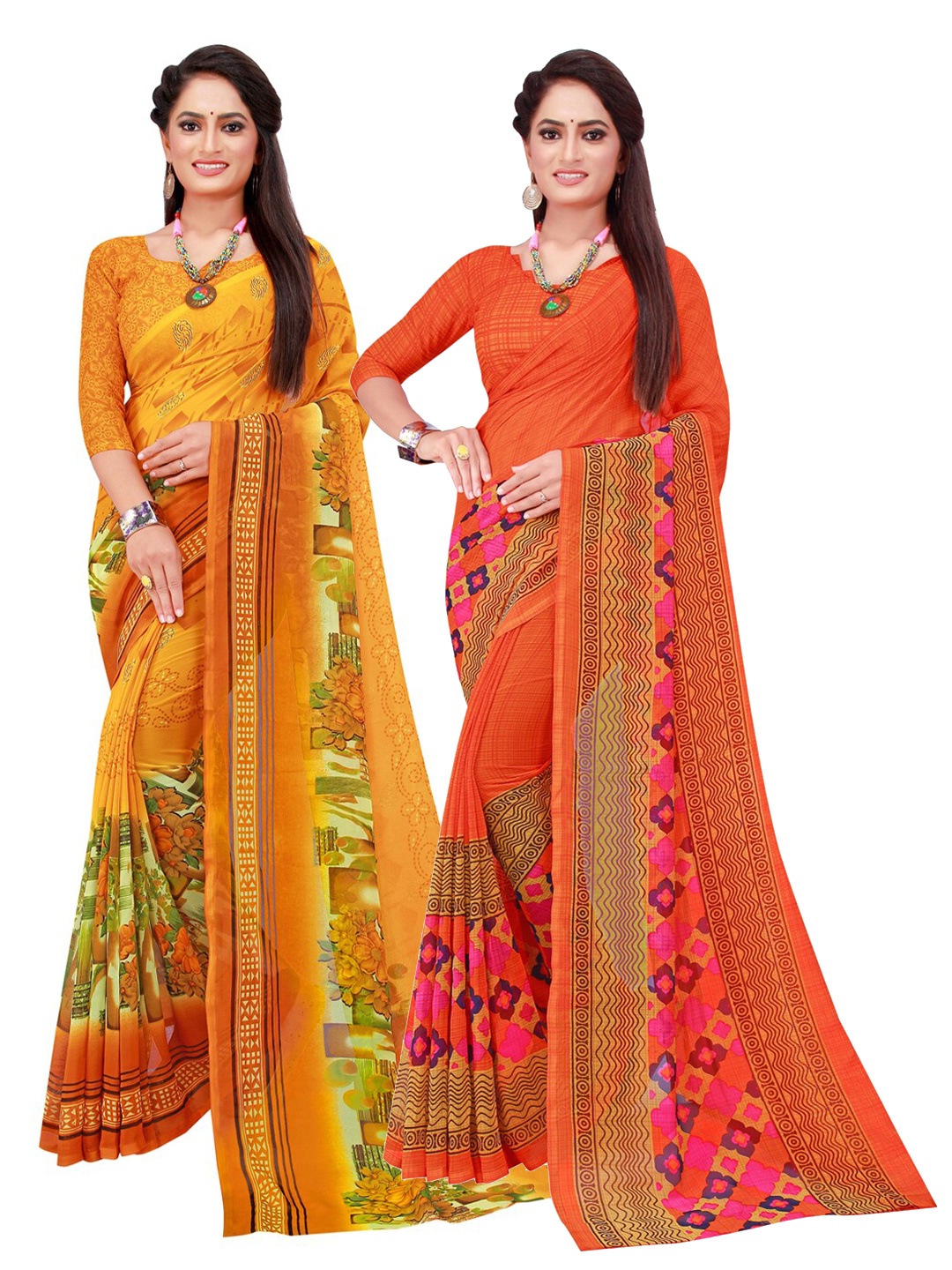 

Florence Pack Of 2 Orange & Mustard Floral Pure Georgette Saree