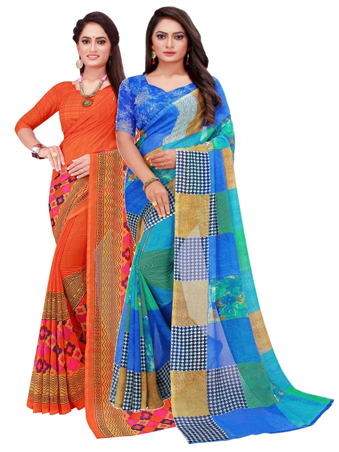 

Florence Blue & Orange Printed Pure Georgette Saree Pack Of 2