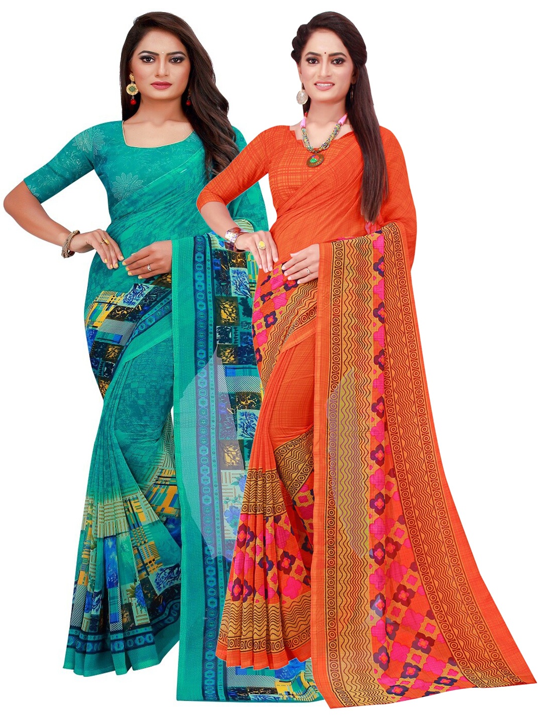 

Florence Turquoise Blue & Orange Set Of 2 Floral Pure Georgette Saree