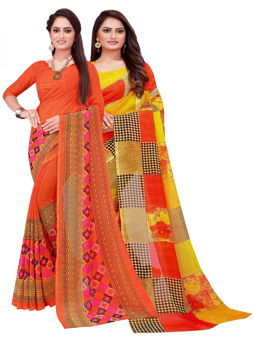

Florence Pack of 2 Orange & Yellow Printed Pure Georgette Sarees