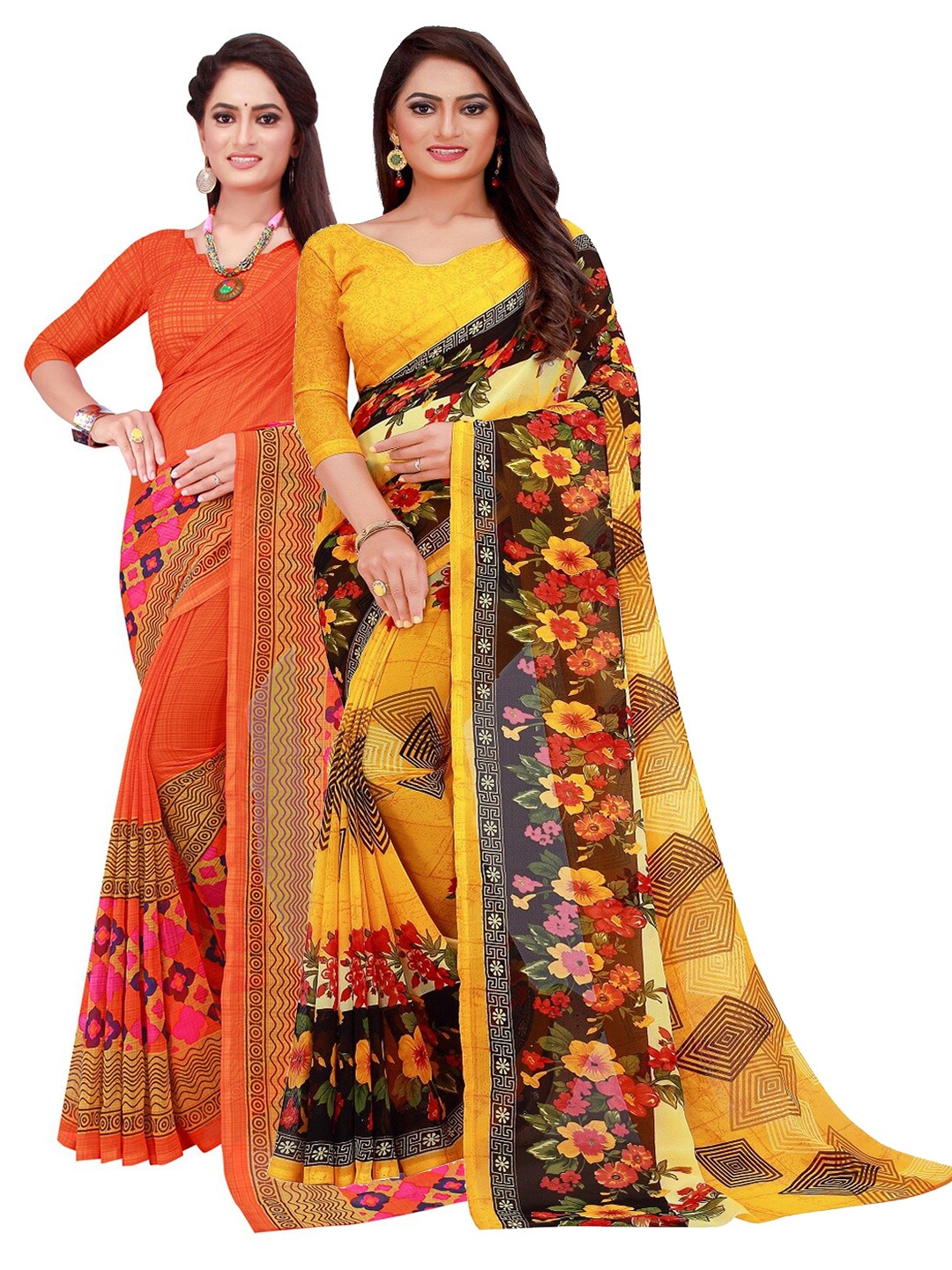 

Florence Pack of 2 Yellow & Orange Floral Pure Georgette Sarees