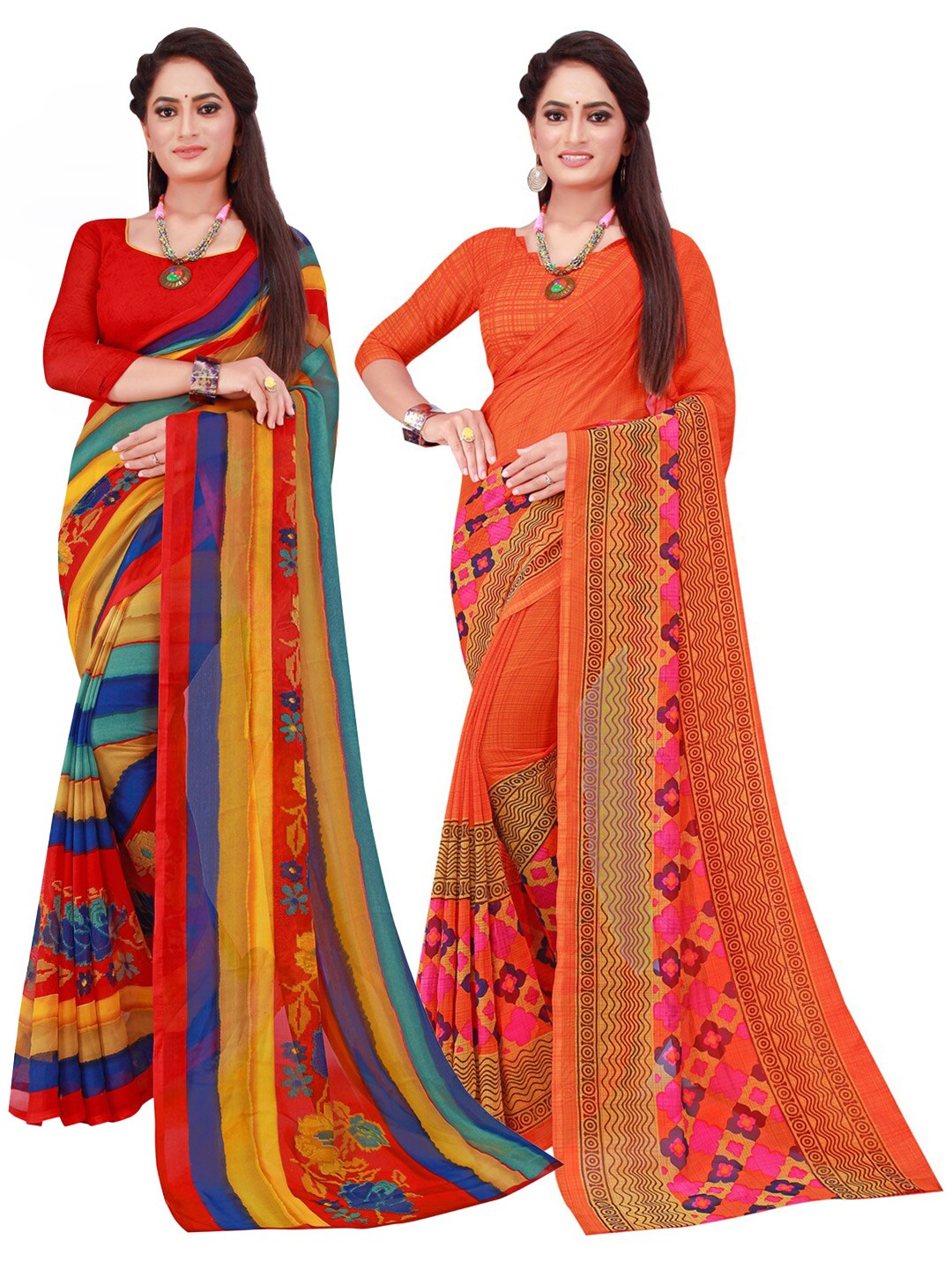 

Florence Pack of 2 Orange & Red Floral Printed Pure Georgette Saree