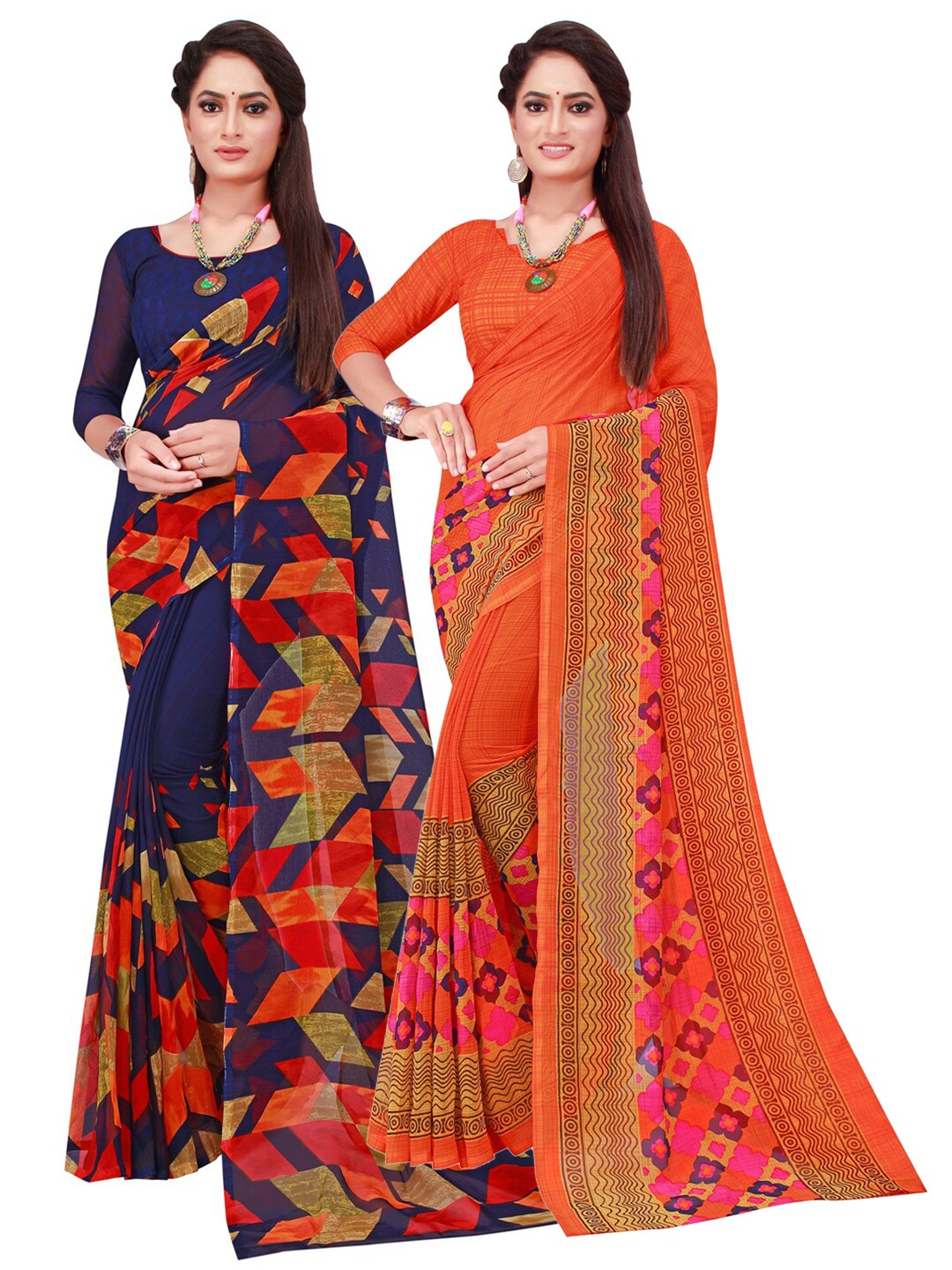 

Florence Pack Of 2 Navy Blue & Orange Pure Georgette Saree