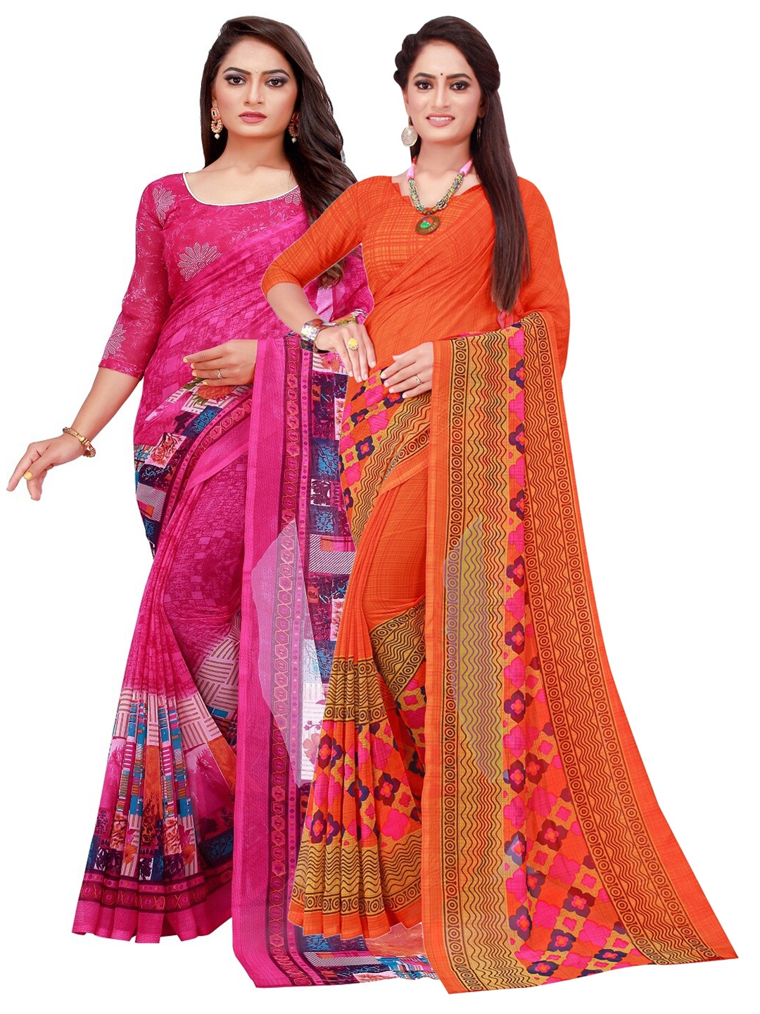 

Florence Pack of 2 Magenta & Orange Printed Pure Georgette Sarees