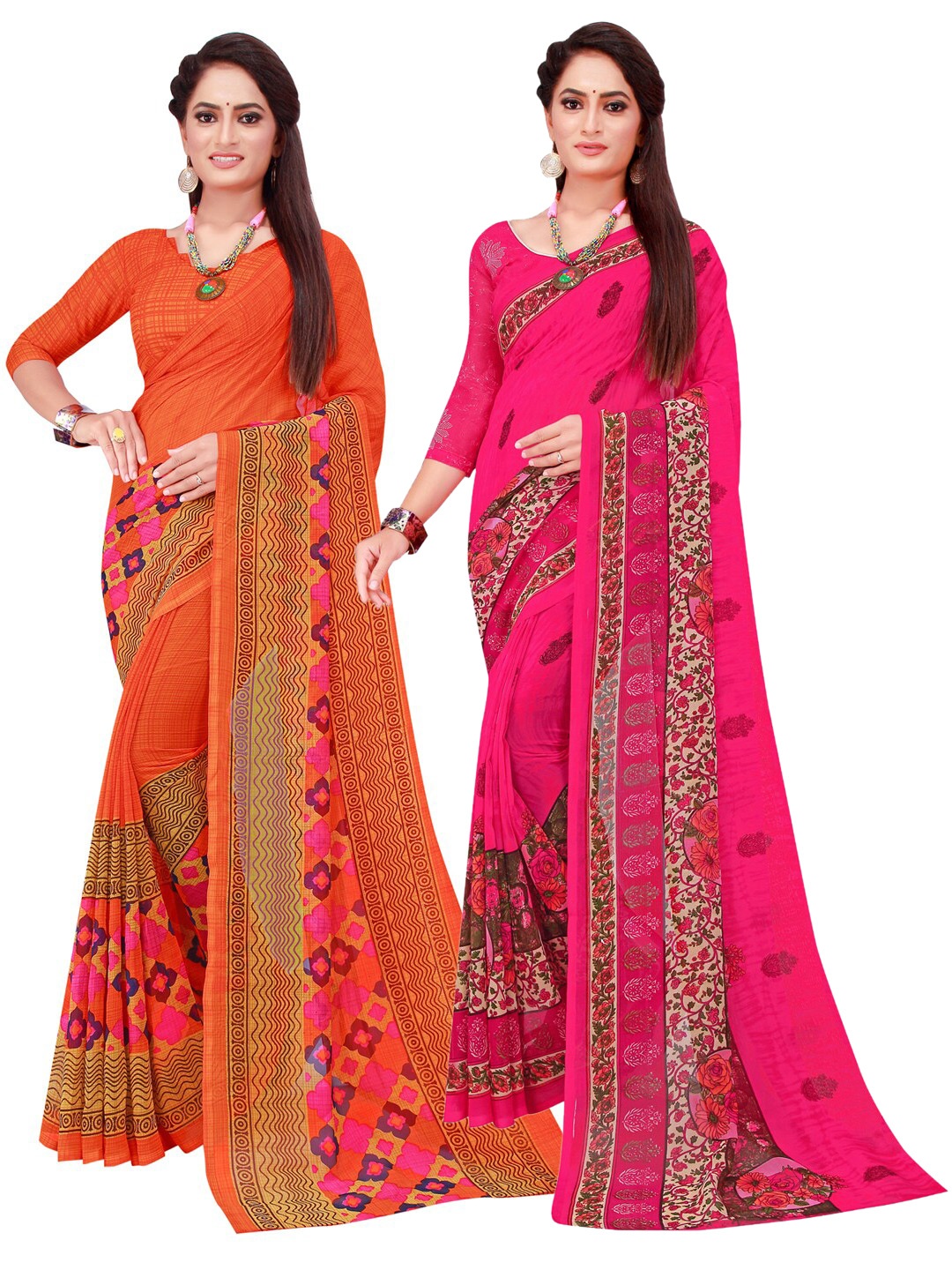 

Florence Orange & Magenta Set Of 2 Floral Pure Georgette Saree