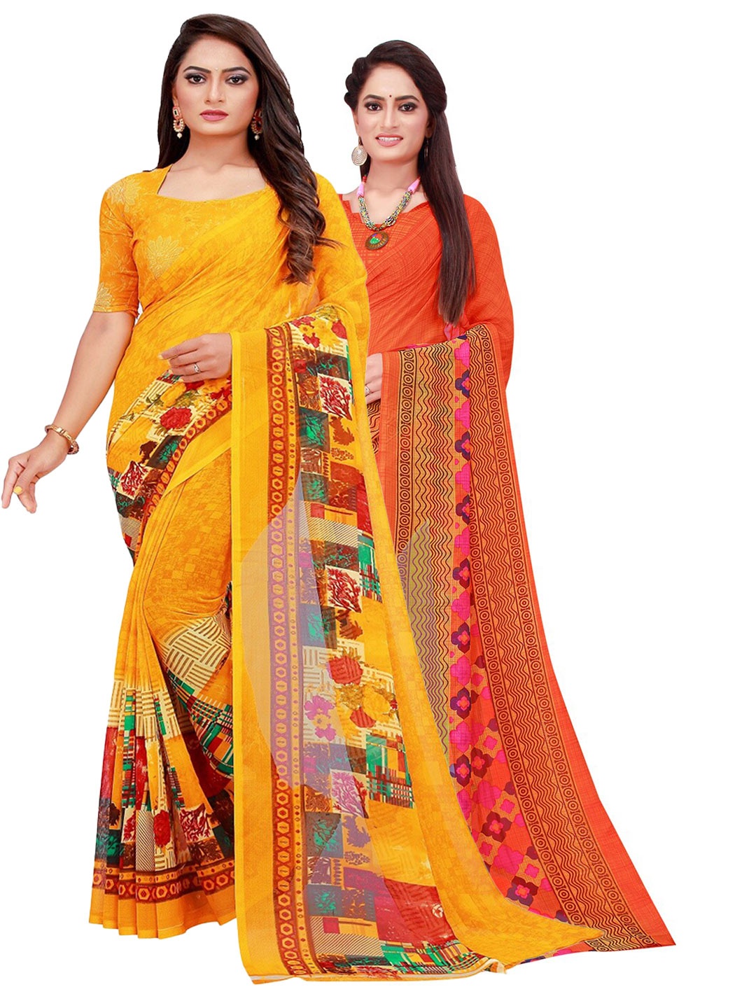 

Florence Orange & Yellow Floral Printed Pure Georgette Saree Pack Of 2