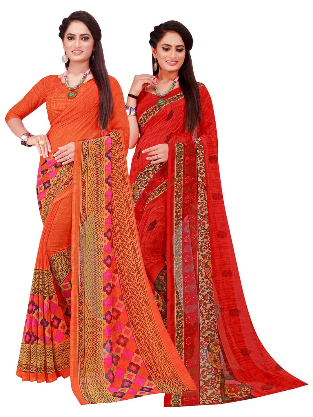 

Florence Pack of 2 Orange & Mustard Floral Pure Georgette Sarees