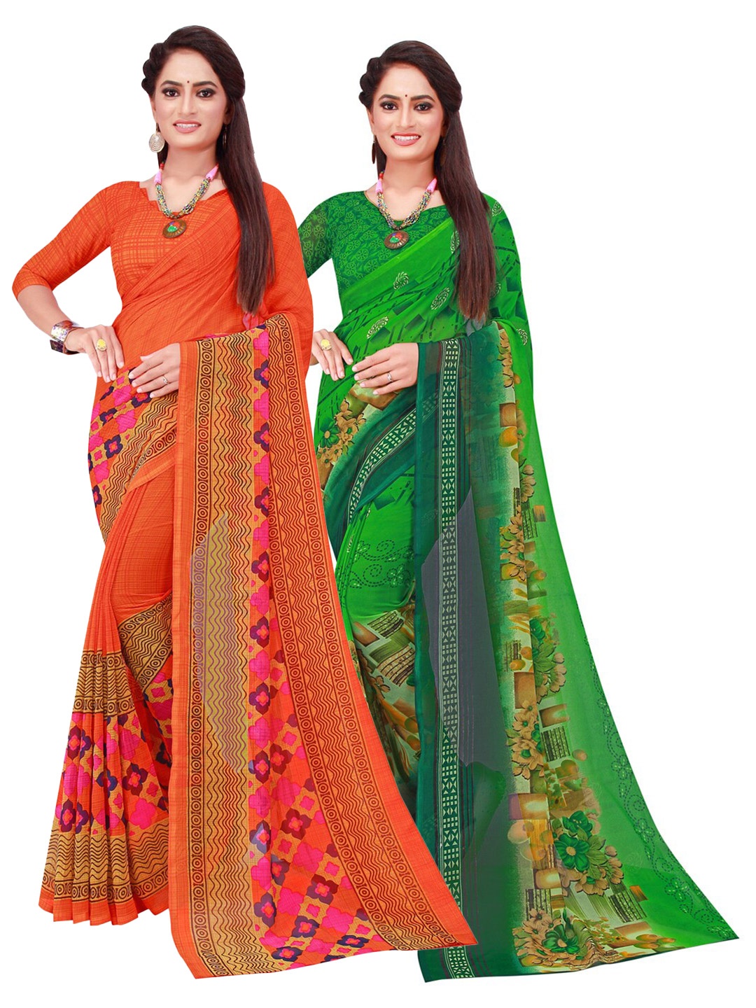 

Florence Orange & Green Printed Pure Georgette Saree Pack Of 2