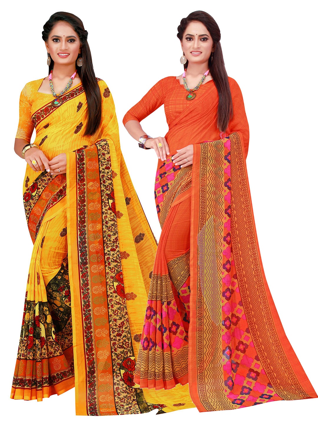 

Florence Pack Of 2 Orange & Yellow Ethnic Motifs Pure Georgette Saree