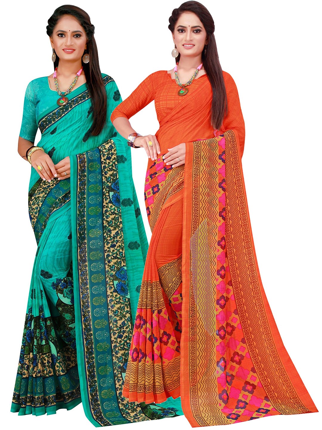 

Florence Pack Of 2 Orange & Turquoise Blue Pure Georgette Saree
