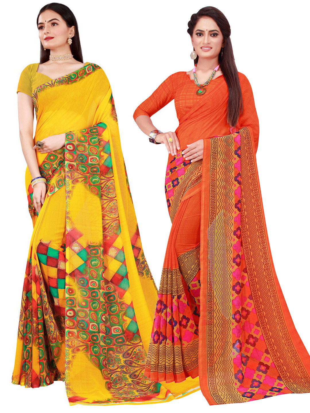 

Florence Pack of 2 Orange & Yellow Printed Pure Georgette Saree