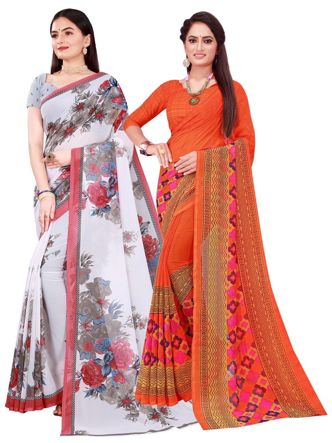 

Florence Pack Of 2 Orange & Grey Floral Pure Georgette Saree