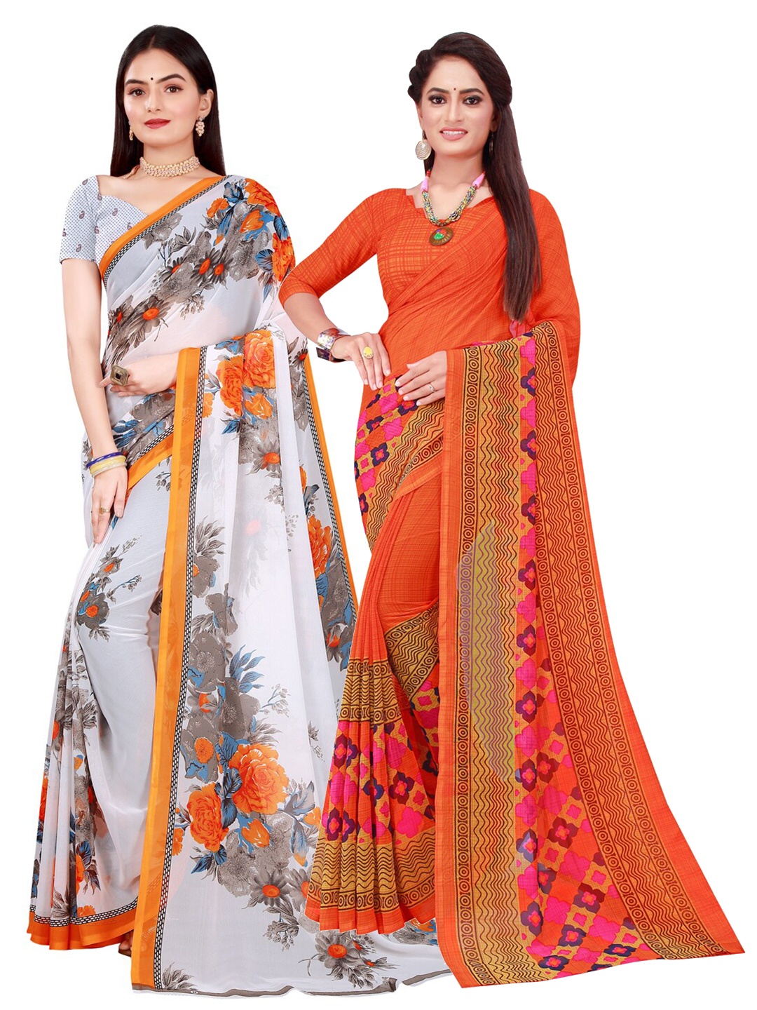 

Florence Pack Of 2 Orange & White Floral Pure Georgette Saree