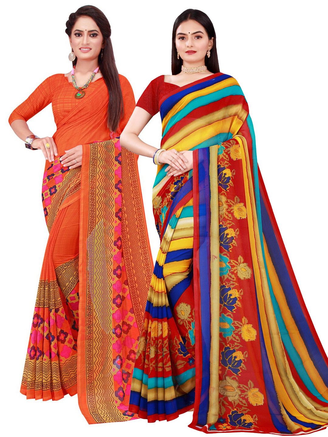 

Florence Orange & Yellow Striped Printed Pure Georgette Saree Pack Of 2
