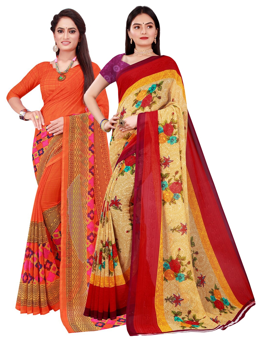 Florence Beige & Orange Set Of 2 Floral Pure Georgette Saree