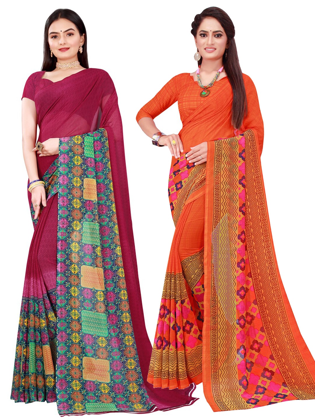 

Florence Orange & Brown Printed Pure Georgette Saree Pack Of 2