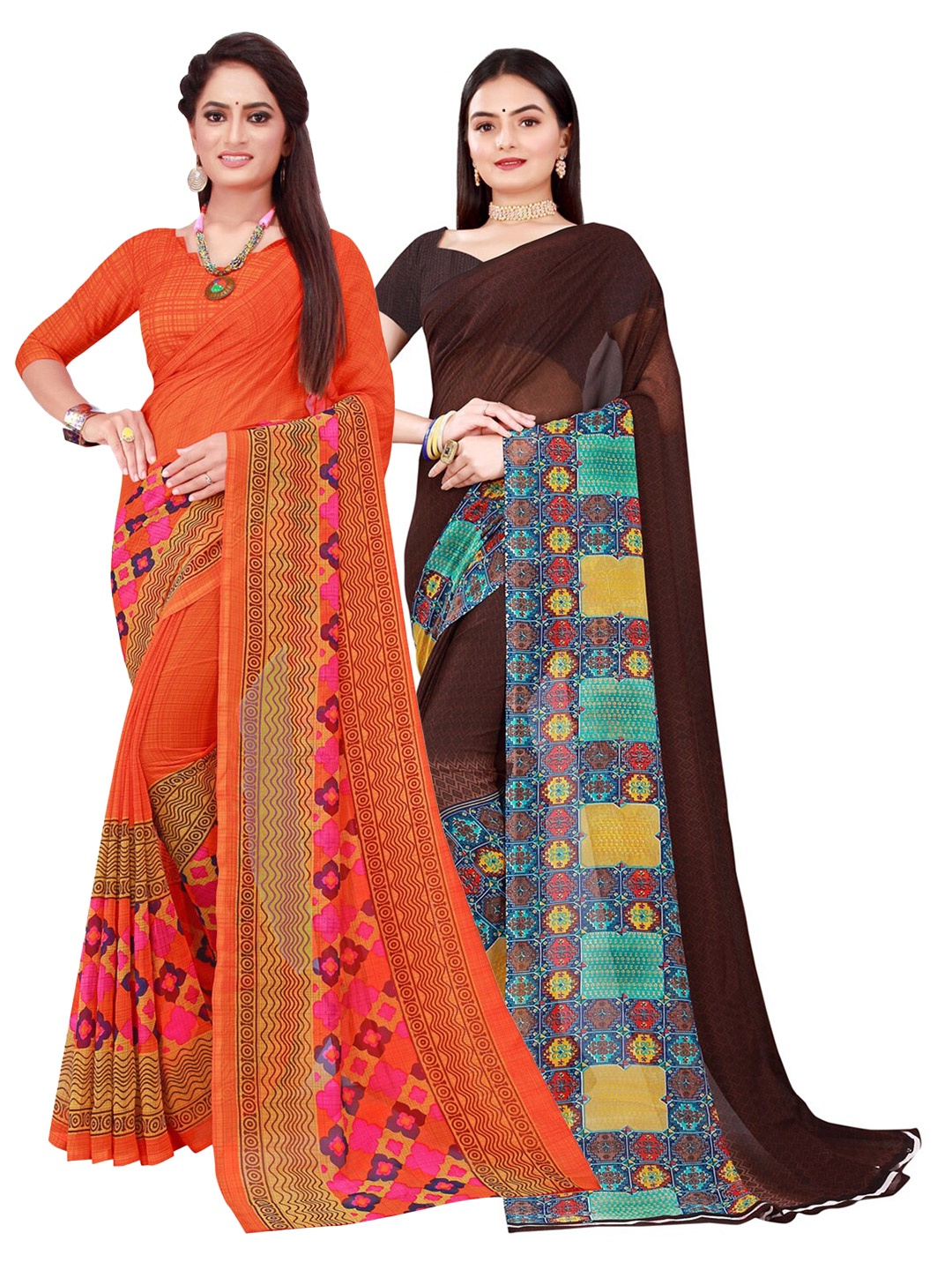 

Florence Pack of 2 Brown & Orange Floral Pure Georgette Sarees