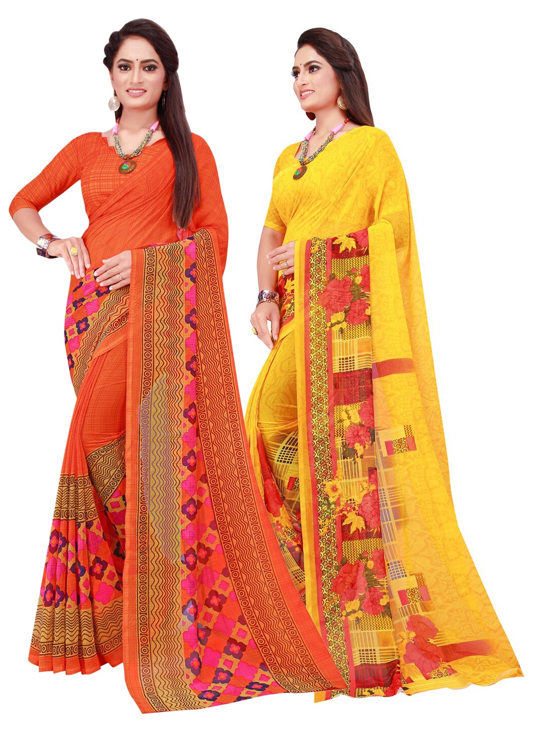 Florence Pack Of 2 Yellow & Orange Pure Georgette Saree