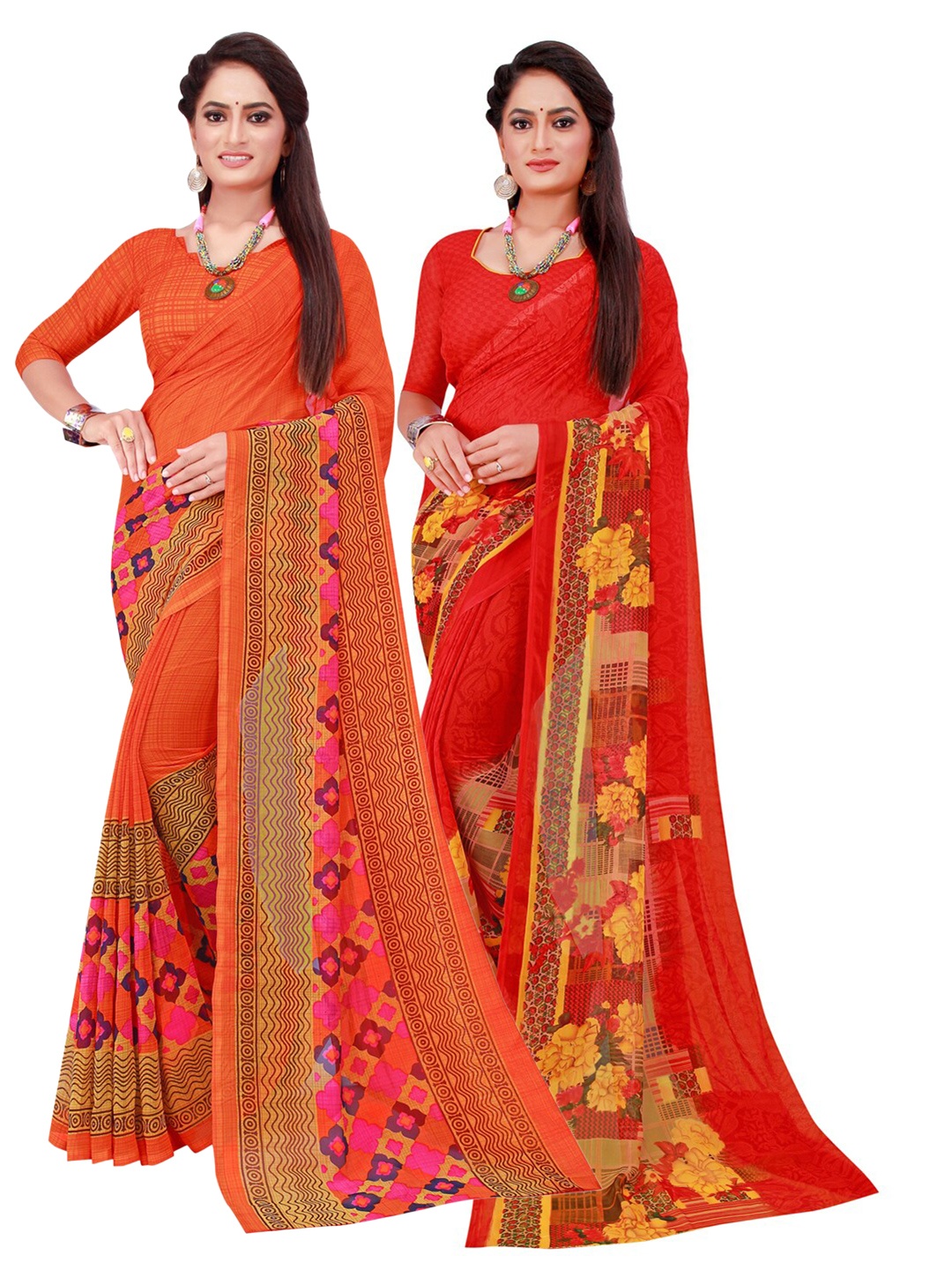 

Florence Set Of 2 Orange & Red Floral Pure Georgette Saree