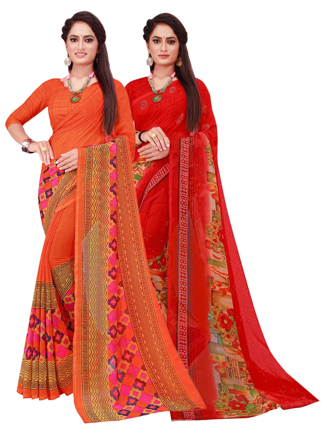 

Florence Pack Of 2 Red & Magenta Floral Pure Georgette Saree