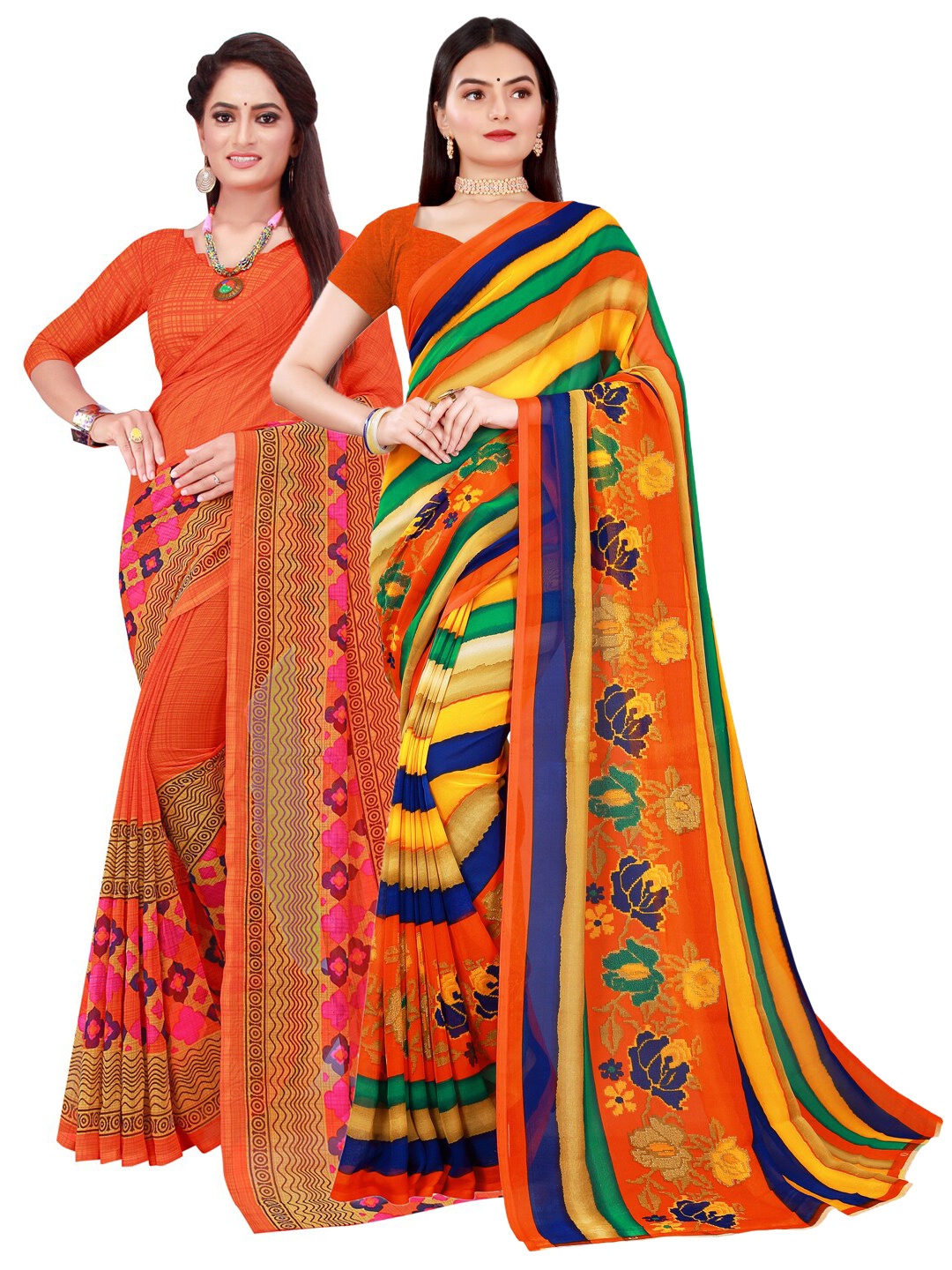 Florence Pack of 2 Orange & Yellow Pure Georgette Sarees