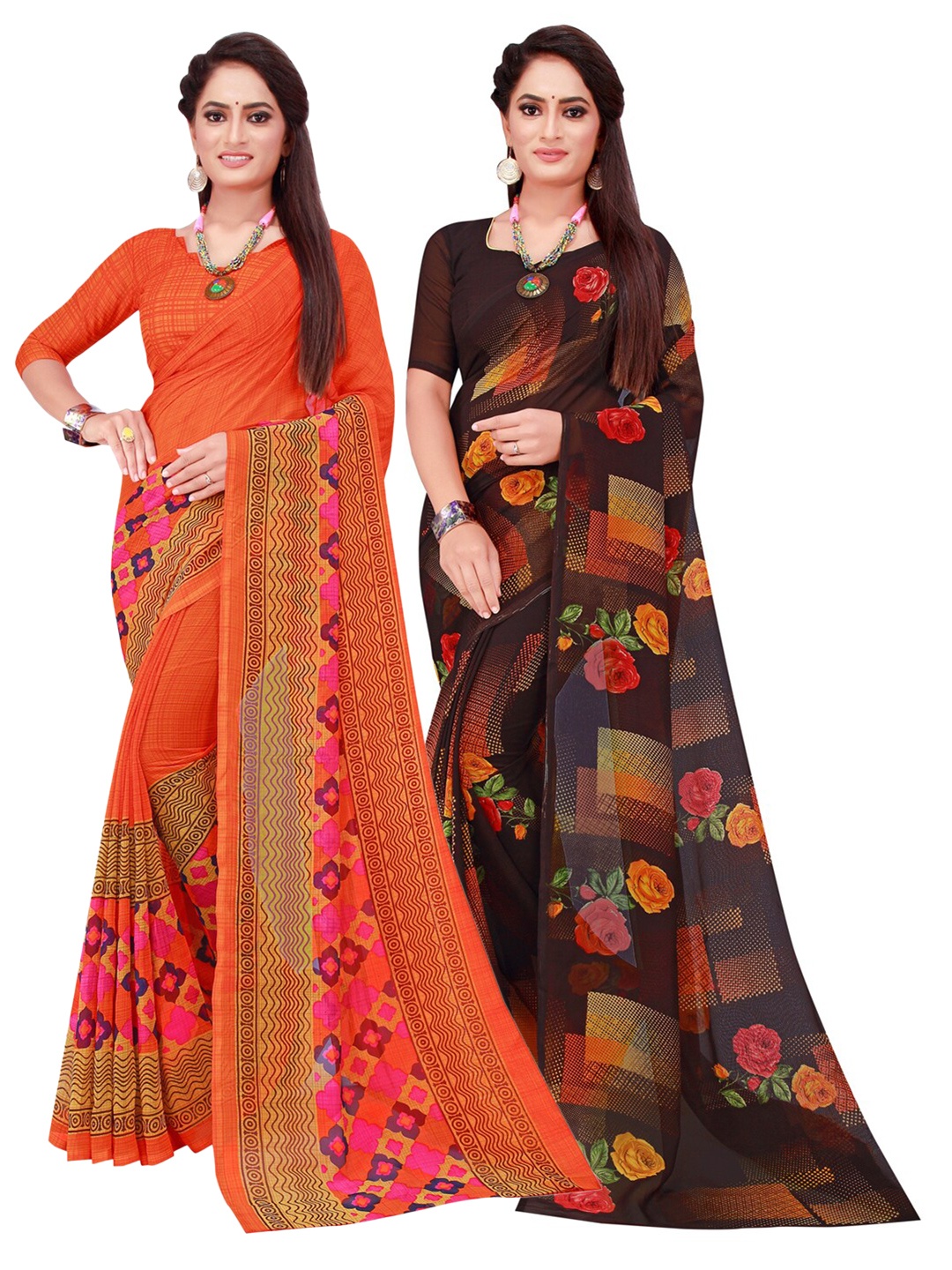 

Florence Pack of 2 Orange & Brown Floral Printed Pure Georgette Saree