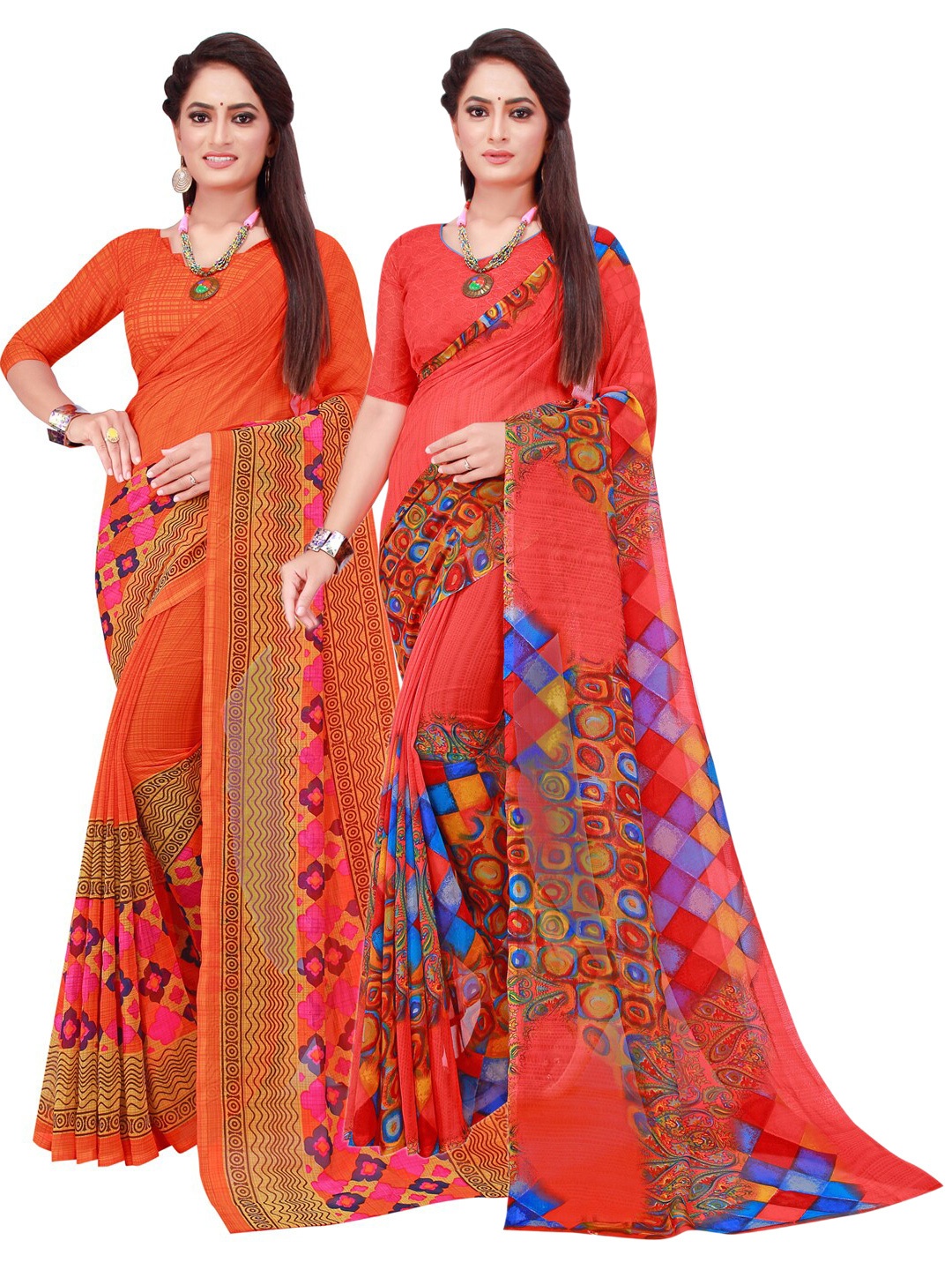 

Florence Pack Of 2 Red & Pink Pure Georgette Saree