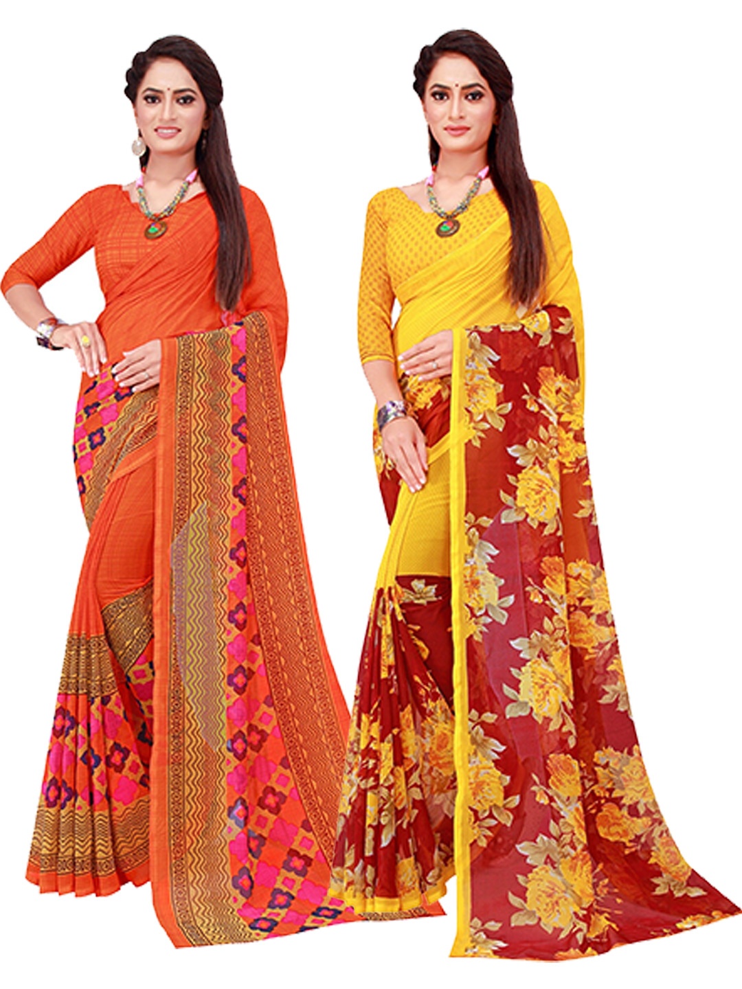 

Florence Set Of 2 Orange & Maroon Floral Pure Georgette Saree