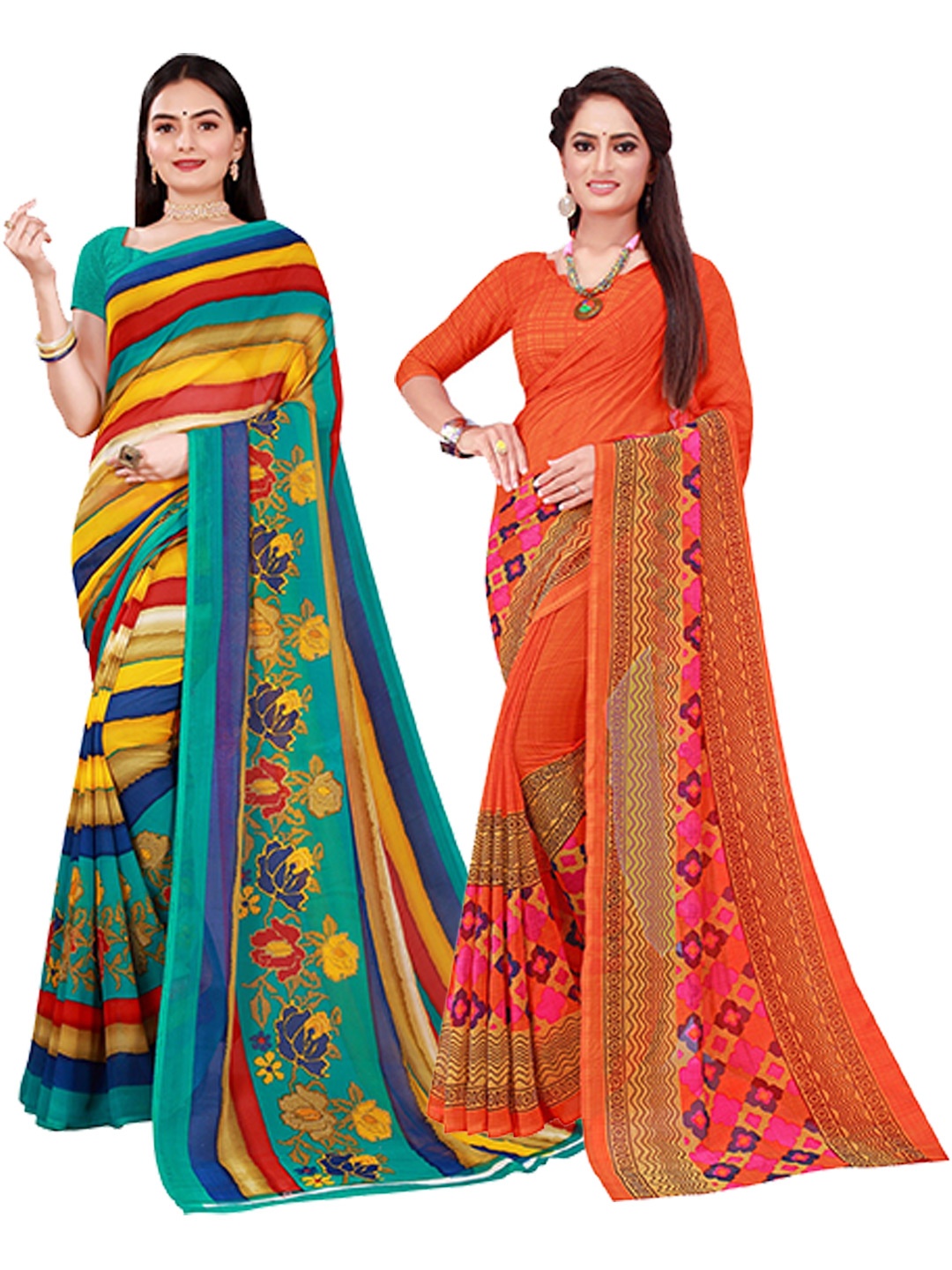 Florence Orange & Blue Set Of 2 Floral Pure Georgette Saree
