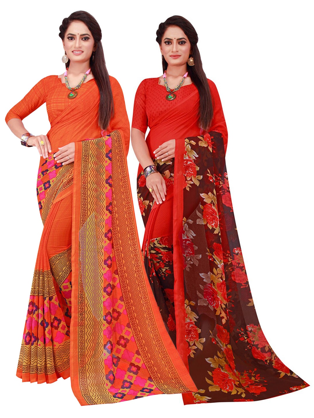 Florence Pack of 2 Orange & Red Printed Pure Georgette Sarees