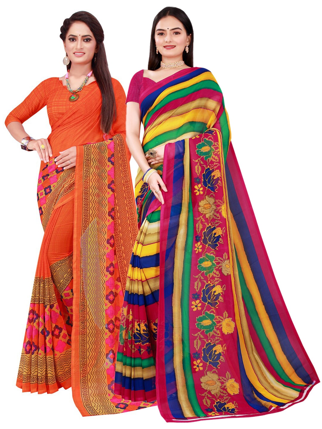 

Florence Yellow & Orange Striped Printed Pure Georgette Saree Pack Of 2