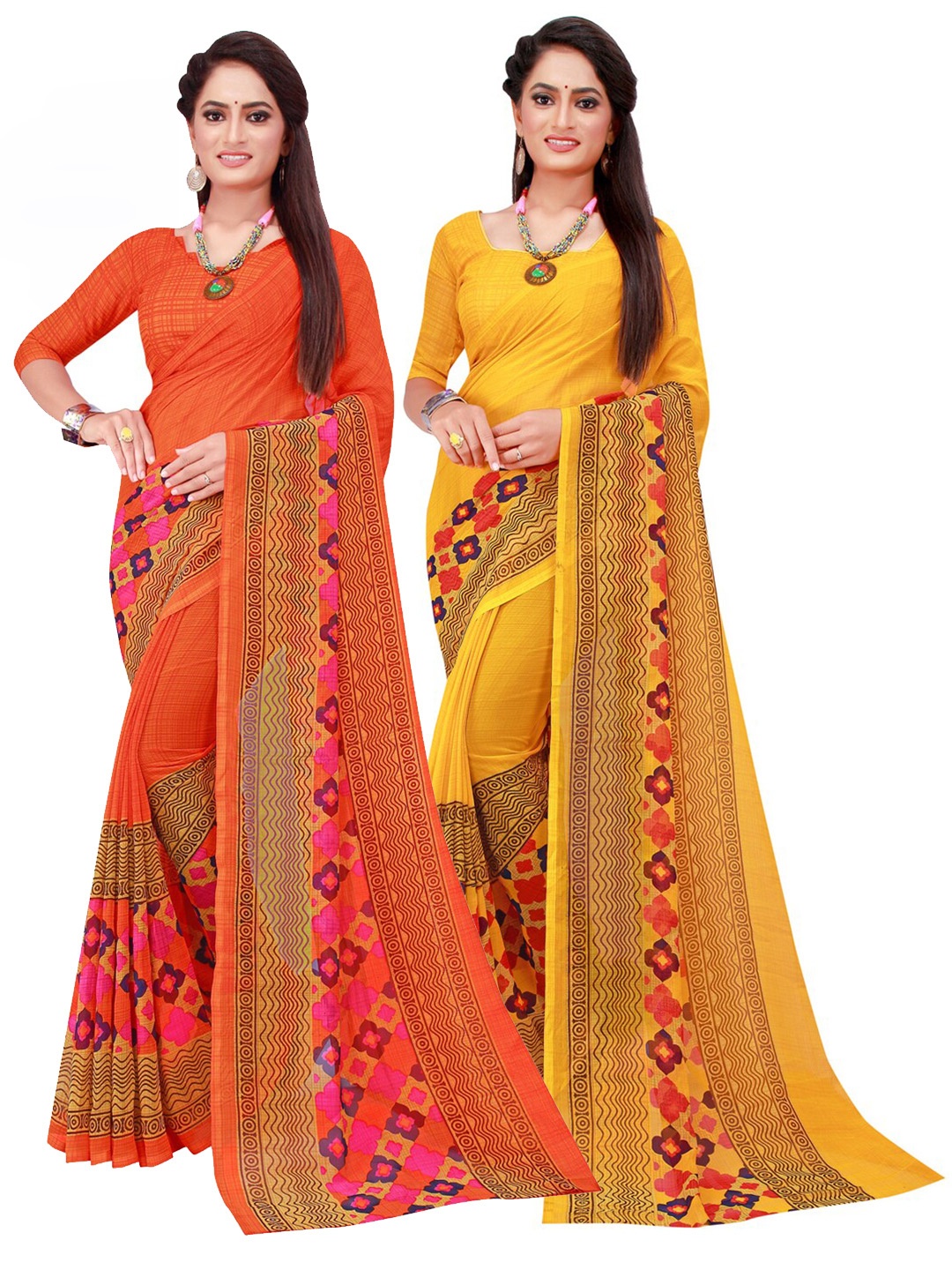 

Florence Pack of 2Yellow & Orange Pure Georgette Sarees, Yellow