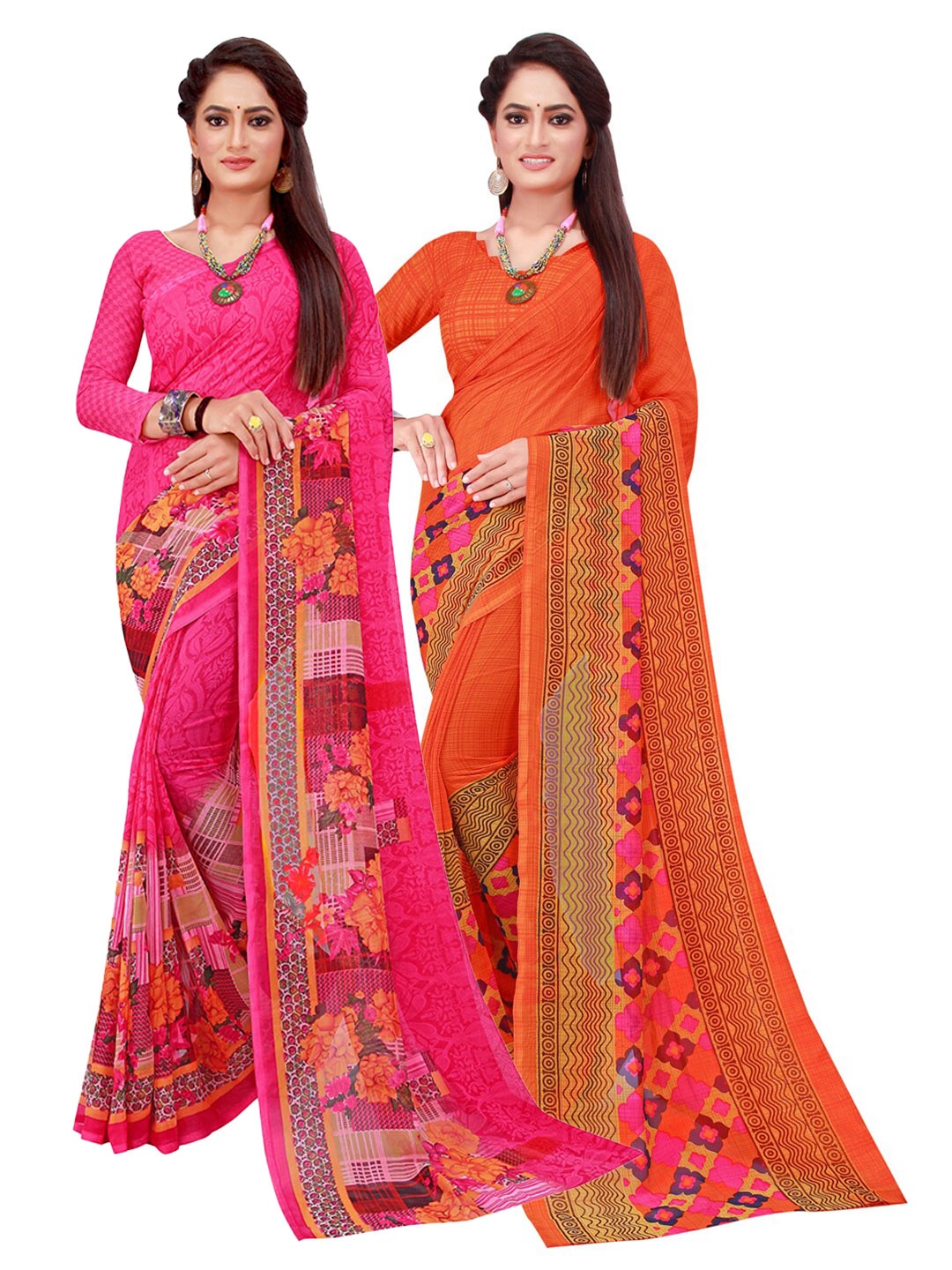 

Florence Pack Of 2 Magenta & Orange Floral Pure Georgette Saree