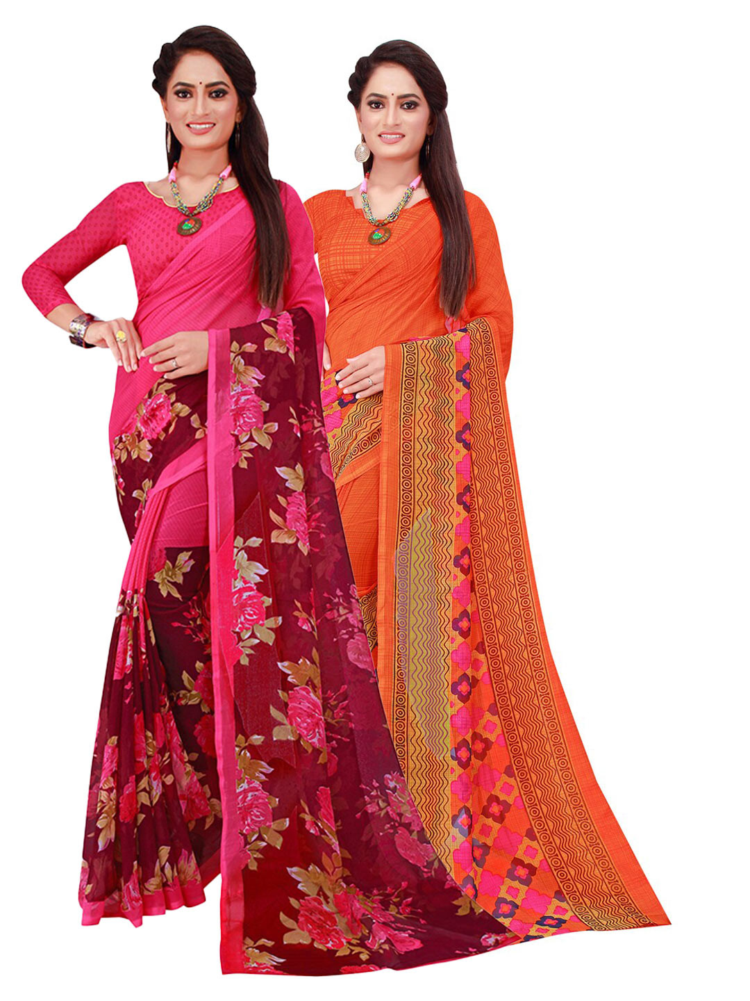 

Florence Pack Of 2 Orange & Magenta Pure Georgette Saree